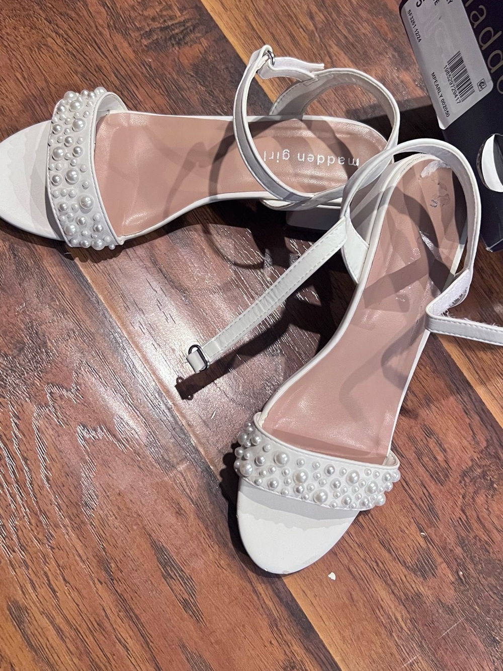 Madden Girl White Pearl-Embellished Ankle-Strap Heels